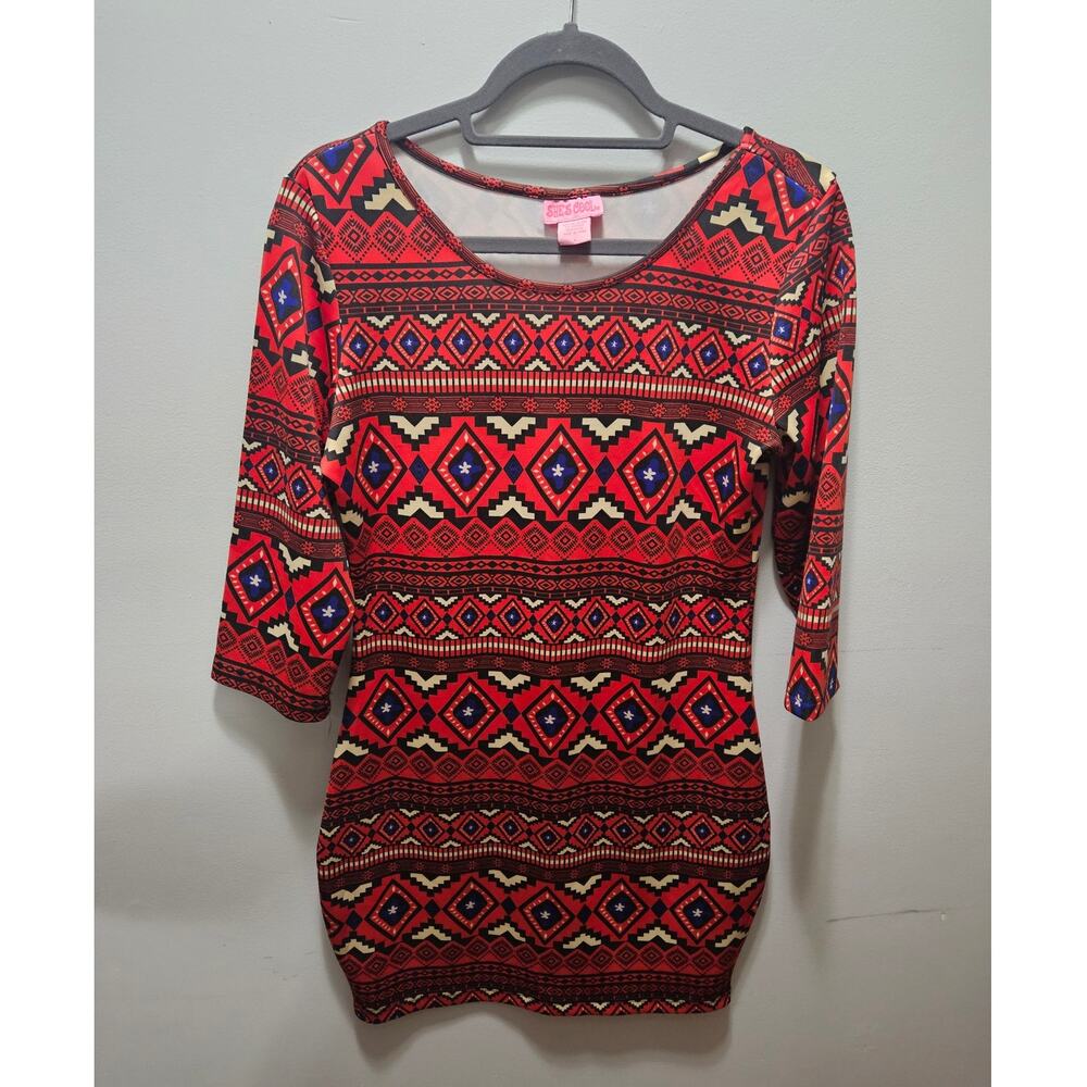 She's Cool Red Black Geometric Aztec Bodycon Dress Size L NWT